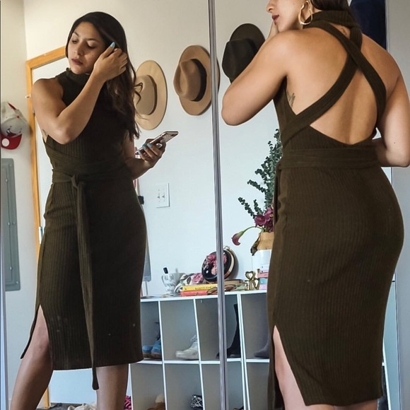 Olive Wrap Tie Bodycon Midi Dress